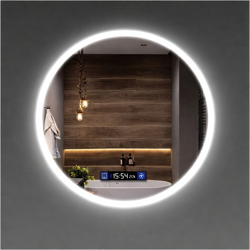 Зеркало для ванной LED ML-14 70x70 см с подсветкой/Smart-дисплеем часы/температура и подогревом антизапотевания