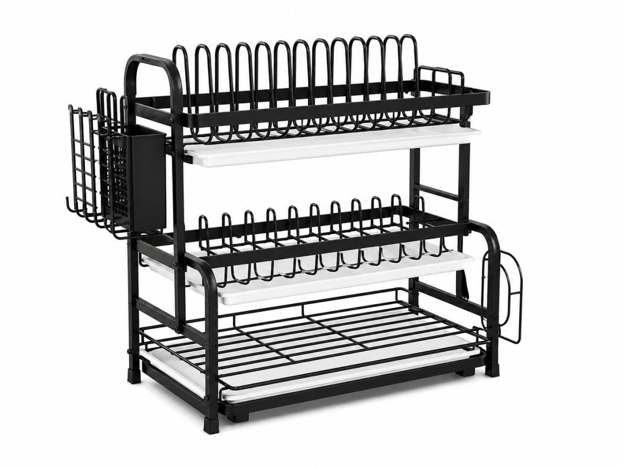 Сушилка трехъярусная для посуды Multifunctional Bowl Rack с поддонами/боковыми держателями Черный