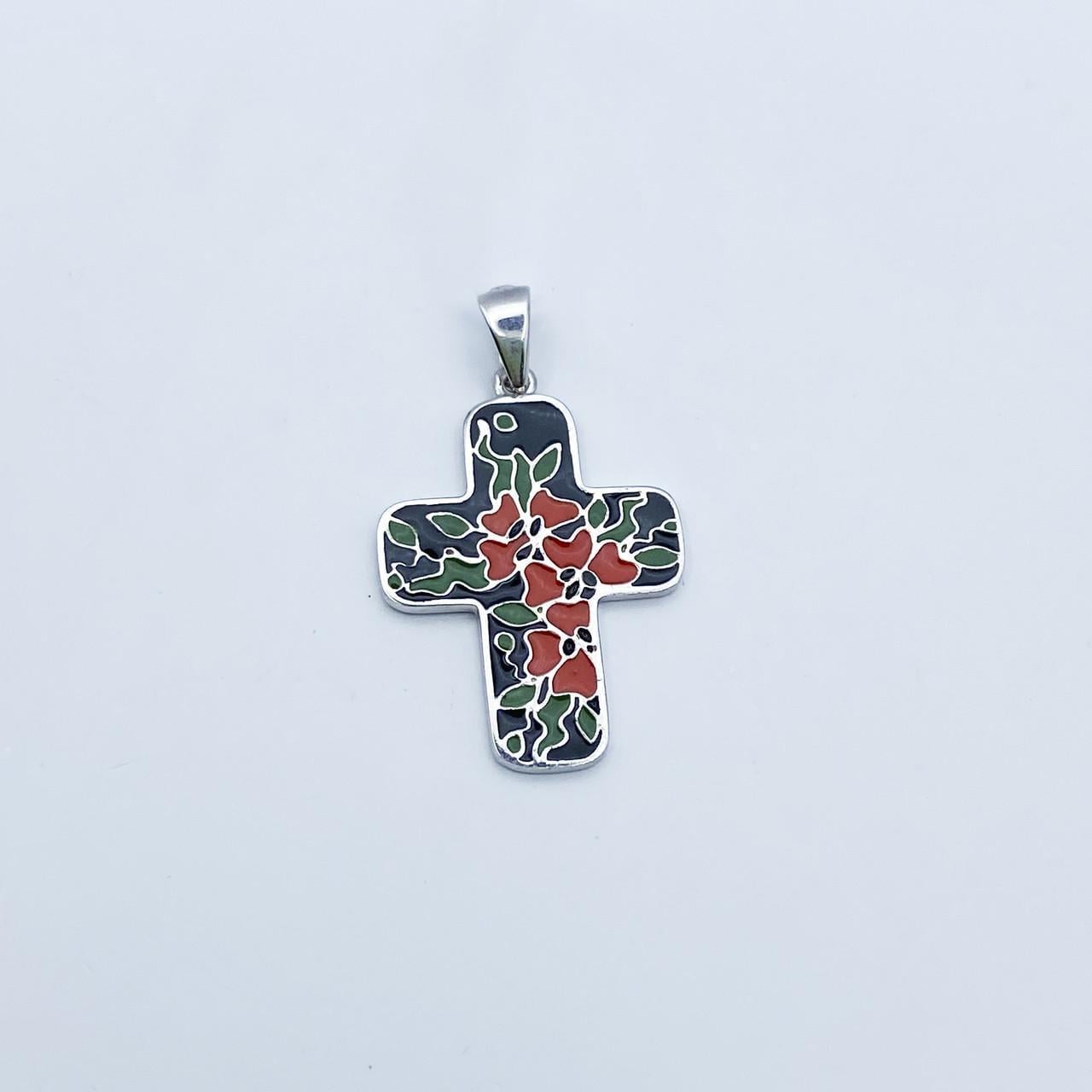 Серебряный кулон с ювелирной эмалью Крестик с маками 2,85 г (2169452549)