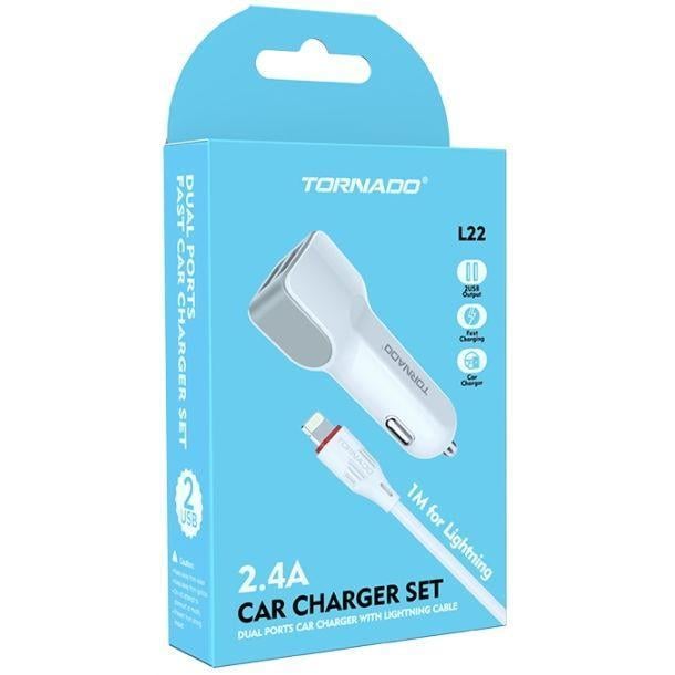 Зарядное устройство автомобильное Tornado L-22 2USB 2,4A 1 м с USB-кабелем Lightning Белый (1858272782)