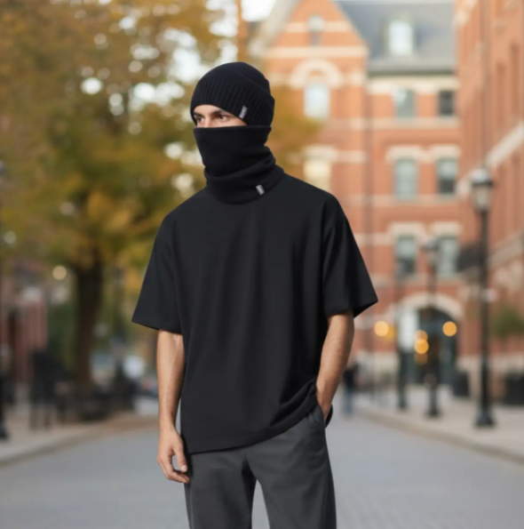 Комплект мужская шапка с отворотом и снудом на флисовой подкладке Черный (29548327) - фото 2