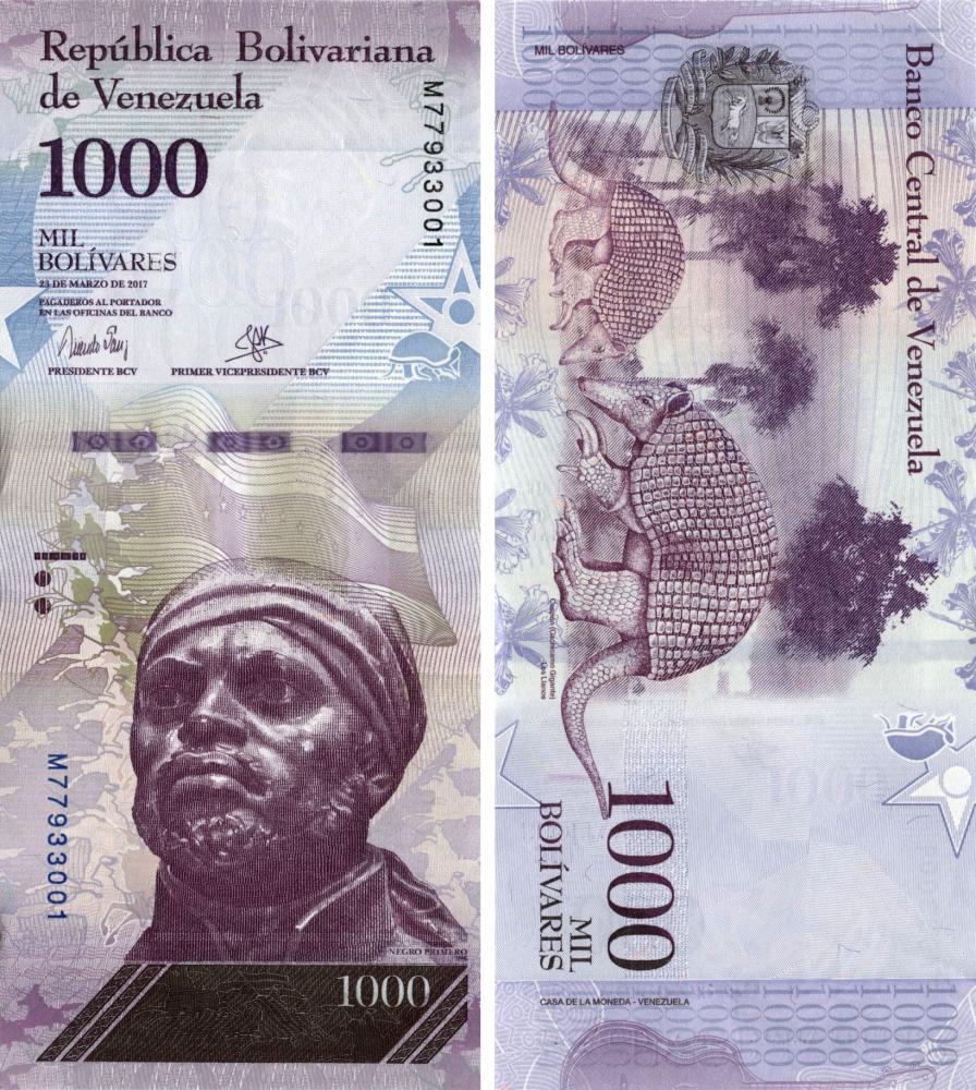 Коллекционная банкнота Венесуэла 1000 боливар 2017 UNC Гигантский броненосец P95b (Б07219)