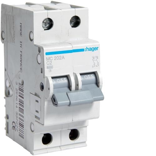 Автоматичний вимикач Hager MC202A 2P 6kA C 2A 2M (000012763)
