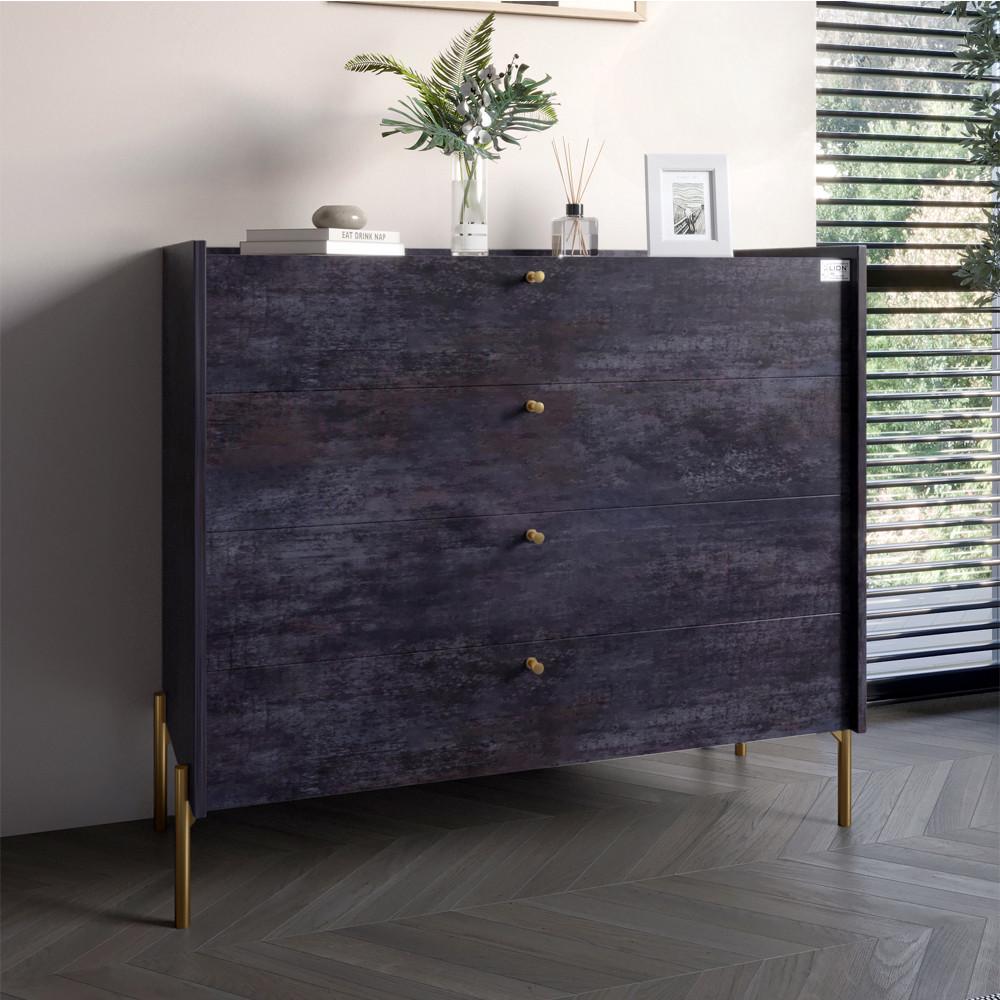 Комод с 4 ящиками Lion Wood с золотыми ножками 100х90х45 см Бетон темный (Lion-042960)