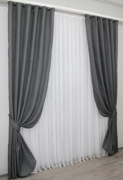 Комплект штор в гостиную/спальню лен мешковина 1,5х2,7 м 2 шт. Графитовый (1140ш)