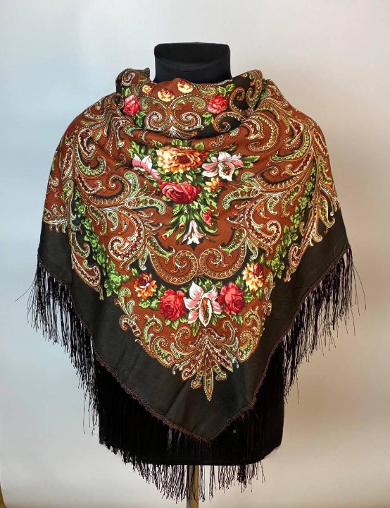 Платок в народном стиле Букет цветов 120х120 см Коричневый М07 (29416814)