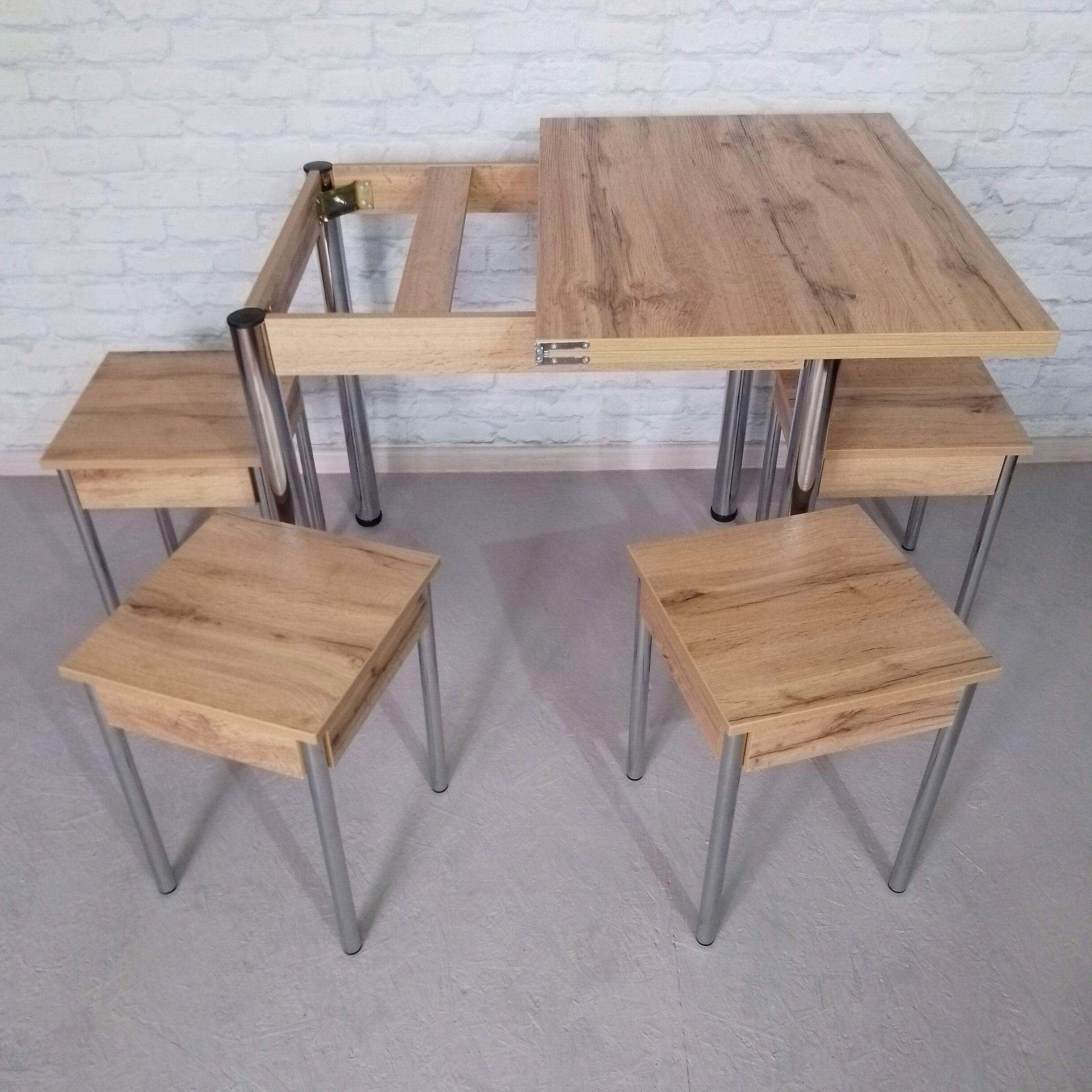 Обеденный стол раскладной и 4 табурета Вента ножки металлические 80х60х75 см/120х80х75 см Дуб аппалачи/Хром (0043) - фото 4 Обеденный стол раскладной и 4 табурета Вента ножки металлические 80х60х75 см/120х80х75 см Дуб аппалачи/Хром (0043) - фото 4