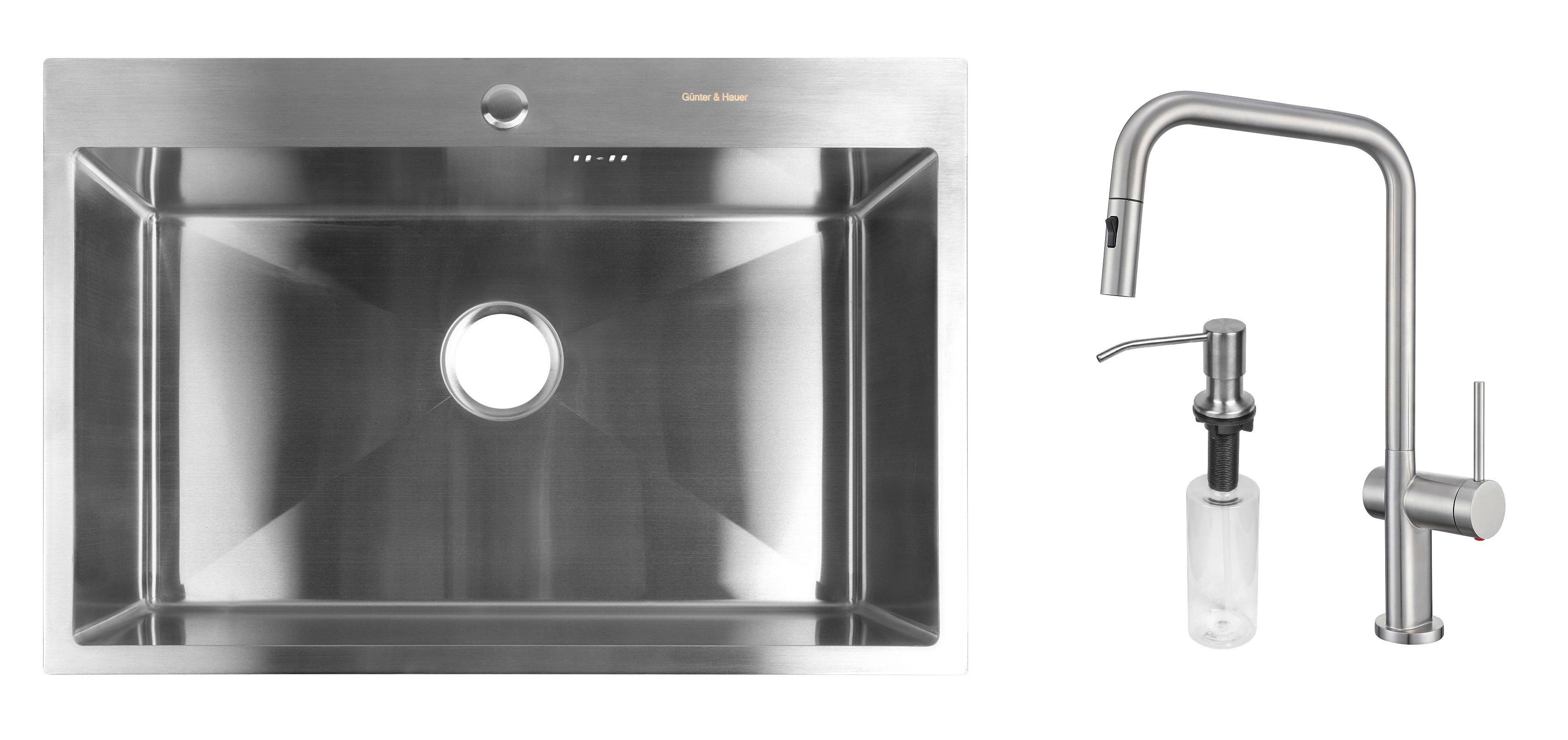 Комплект из кухонной мойки Gunter&Hauer Odenbach 7522 Inox и кухонного смесителя Gunter&Hauer BRUNNEN Br и дозатора Gunter&Hauer Soap Dispenser Inox