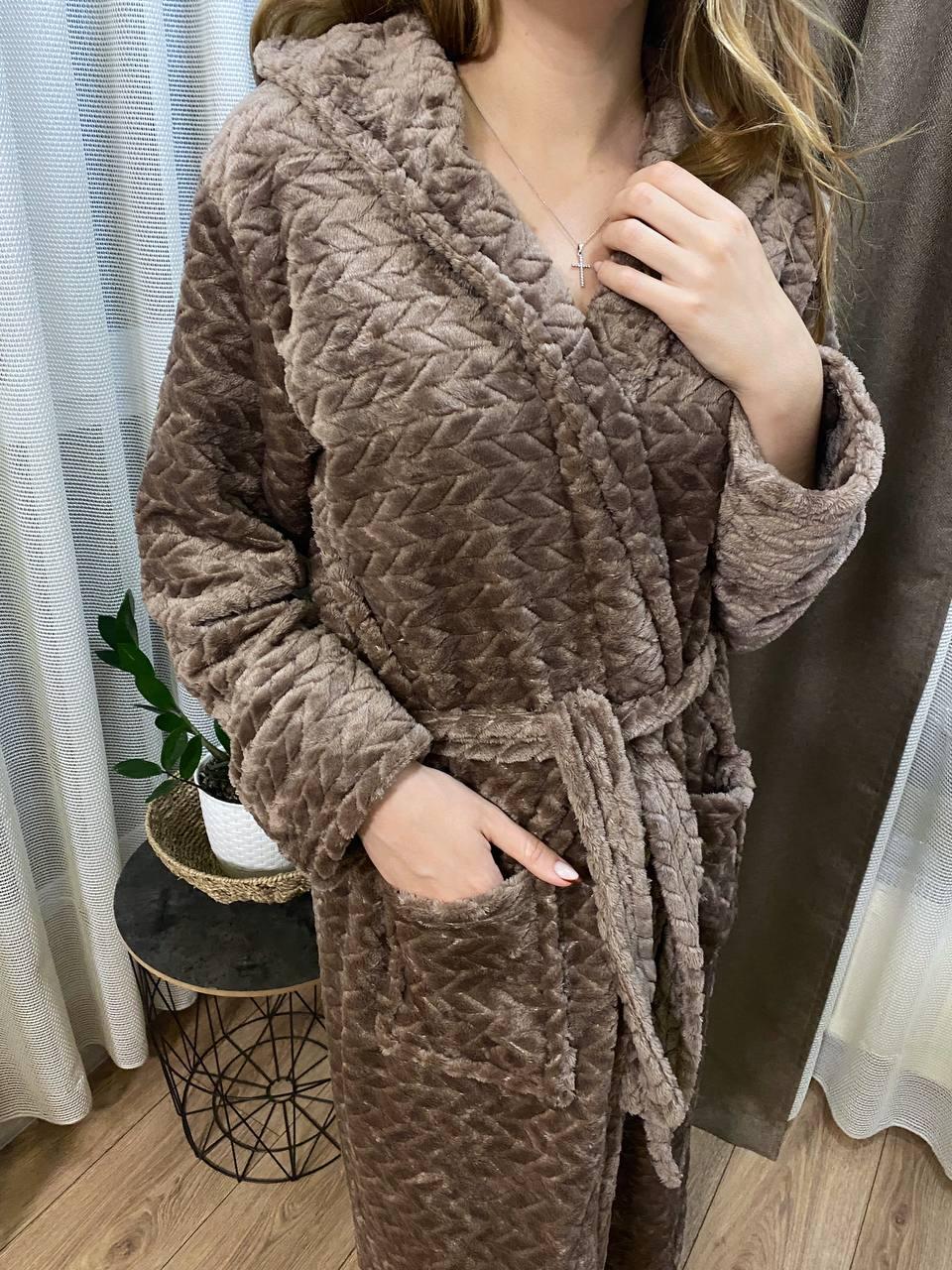 Халат женский велюровый на запах М Коричневый (Д-post-halat-002-02) - фото 2