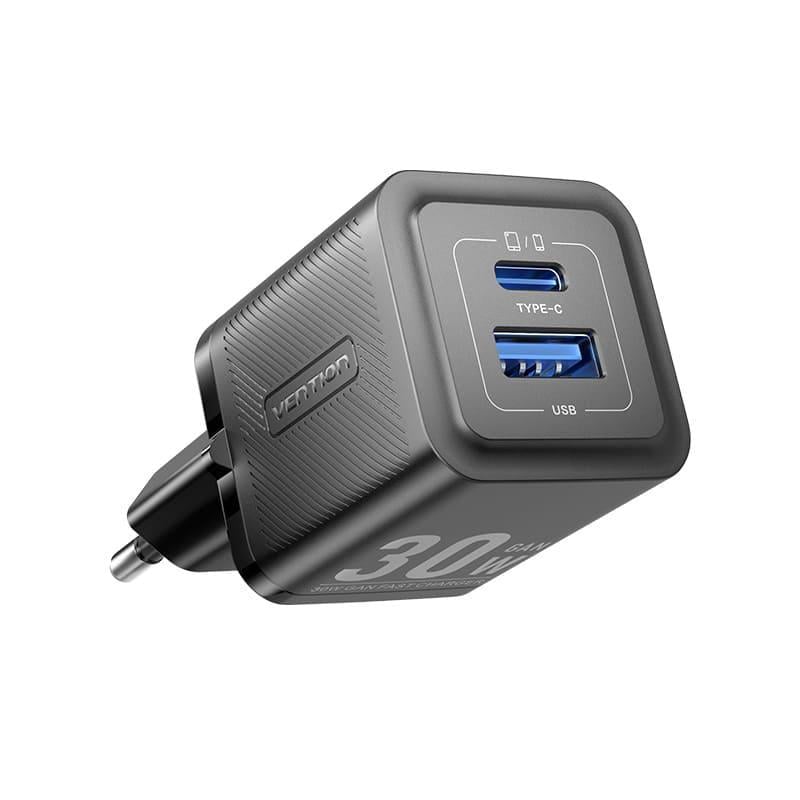 Зарядное устройство сетевое Vention 2-Port USB C+A GaN Charger 30W/30W EU-Plug Black (FEQB0-EU)