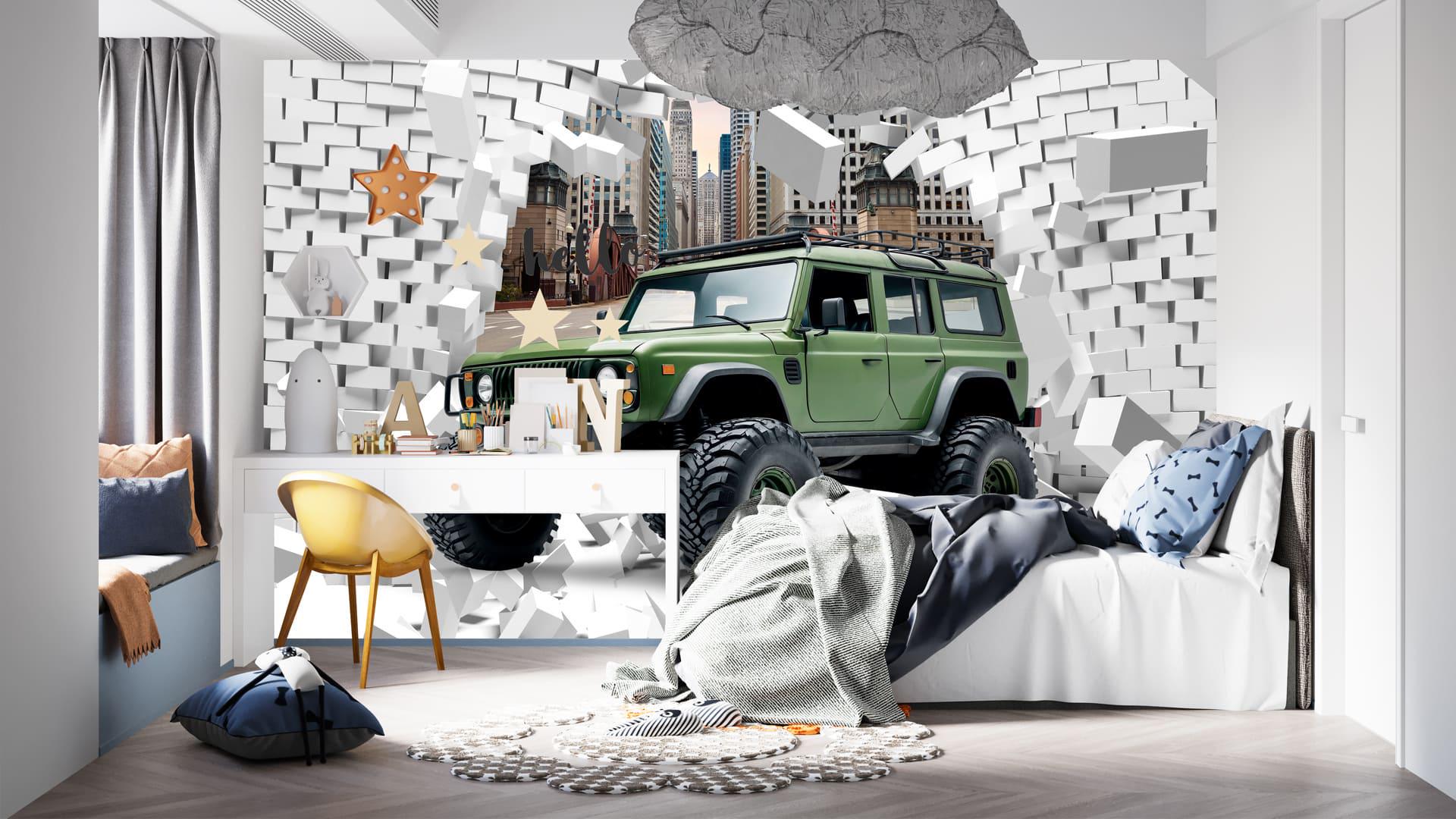 Фотообои флизелиновые Styleo Print-walls Зеленый джип в городе 0885 300х250 см (Pw-0885/2)