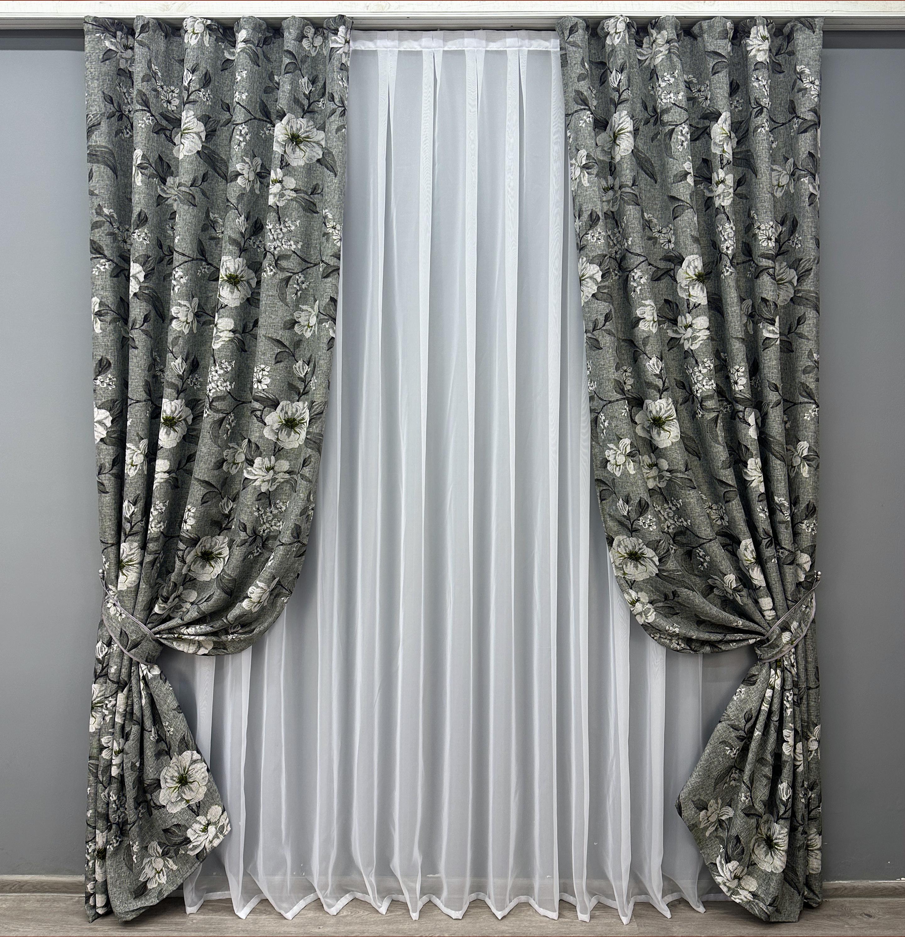 Комплект готовых штор VR-Textil Лен Прованс с цветочным принтом №1724ш 150х270 см 2 шт. Серый (33-0637)