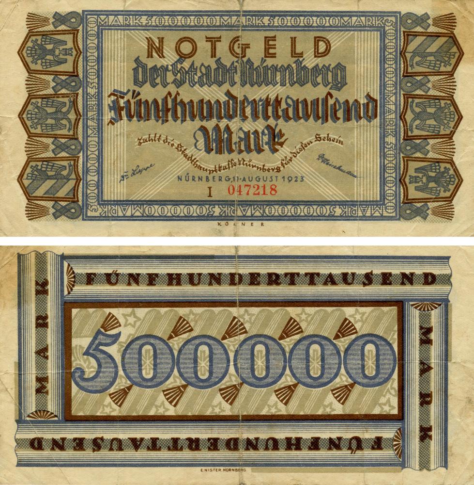 Колекційна банкнота Німеччина Нотгельд 500 000 марок 1923 F-VF Нюрнберг Різновид 2 (Б18886)