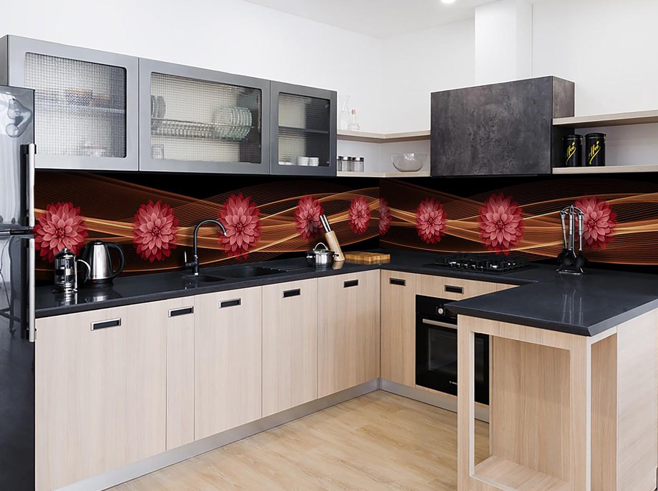 Кухонный фартук Огненные георгины из самоклеющейся виниловой пленки 60х250 см Коричневый