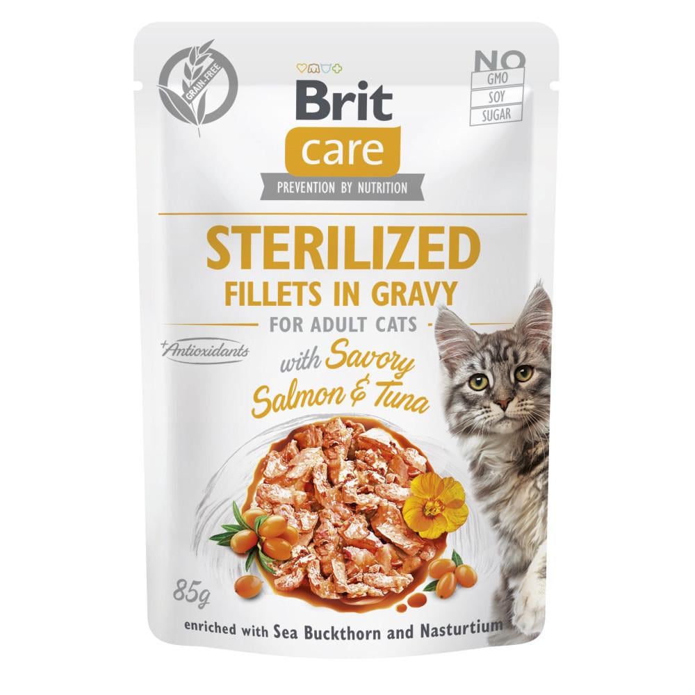 Корм влажный Brit Fillets in Gravy Savory Salmon and Tuna Sterilized для стерилизованных кошек филе в соусе с лососем 85 г (34806737)