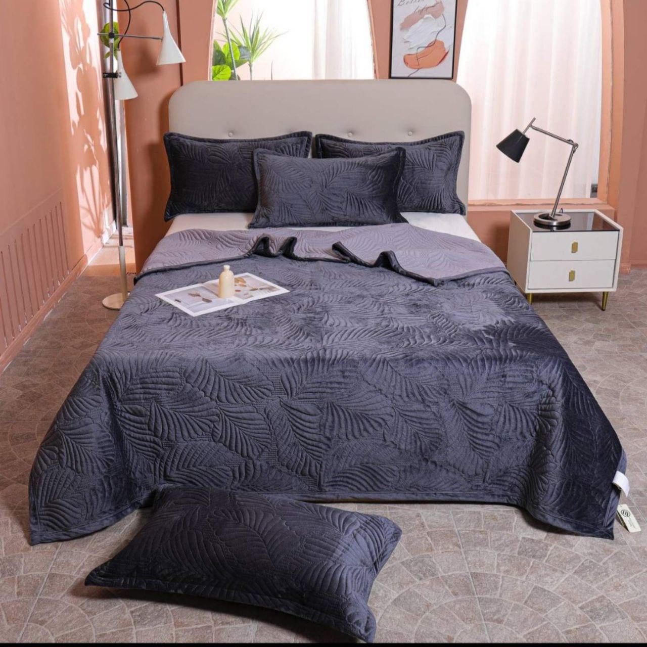Покрывало на кровать с наволочками евро 210х230/50х70 см Графитовый (Д-vik-velur-pokruvalo-001) - фото 7
