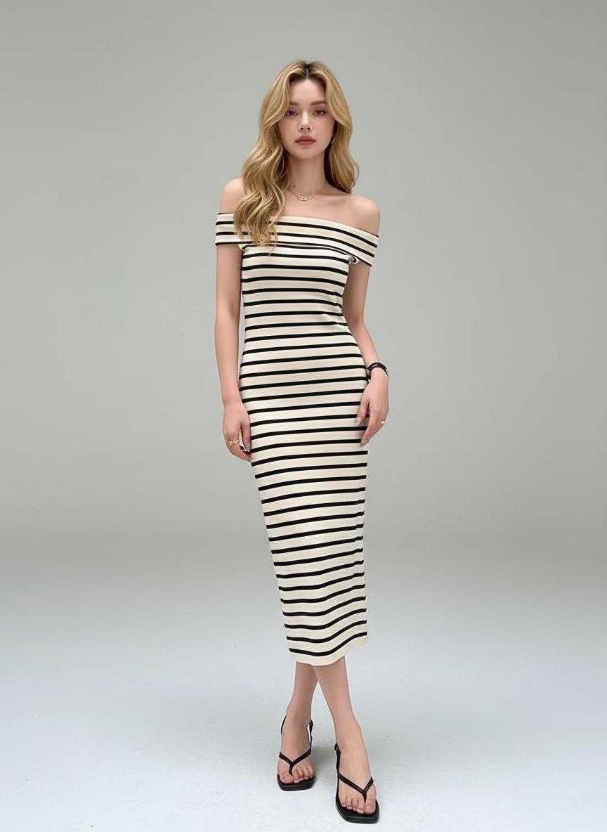 Платье миди летнее полосатое с открытыми плечами M (JH-25) - фото 4 Платье миди летнее полосатое с открытыми плечами M (JH-25) - фото 4
