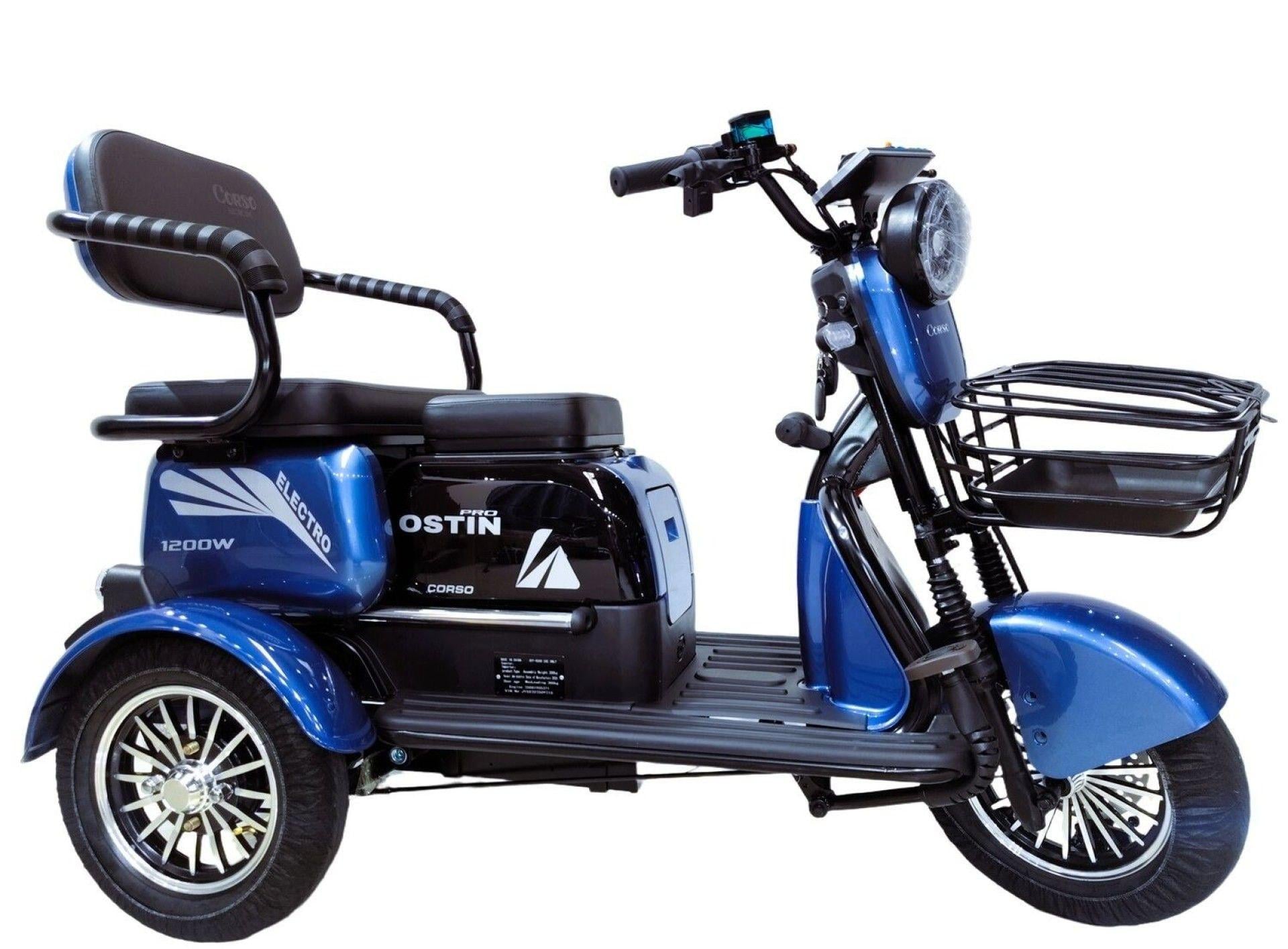 Трицикл электрический Corso Ostin PRO 1200W 72V 28Ah гидравлический тормоз Синий