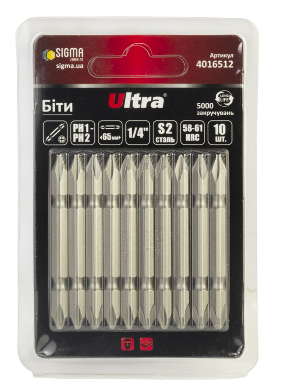 Біти Ultra PH1-PH2x65 мм 1/4" 10 шт. S2 в блістері (4016512)