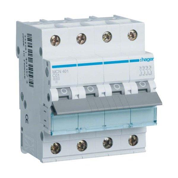 Автоматичний вимикач Hager 4 полюс 6 kA тип C 1A MCN401 (74292)