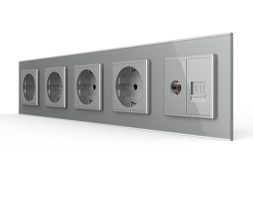 Розетка пятиместная LIVOLO силовая/интернет RJ-45/ТВ настенная стеклянная рамка Серый (VL-C7FCTC16A/FCCP/FCTV-10IP)
