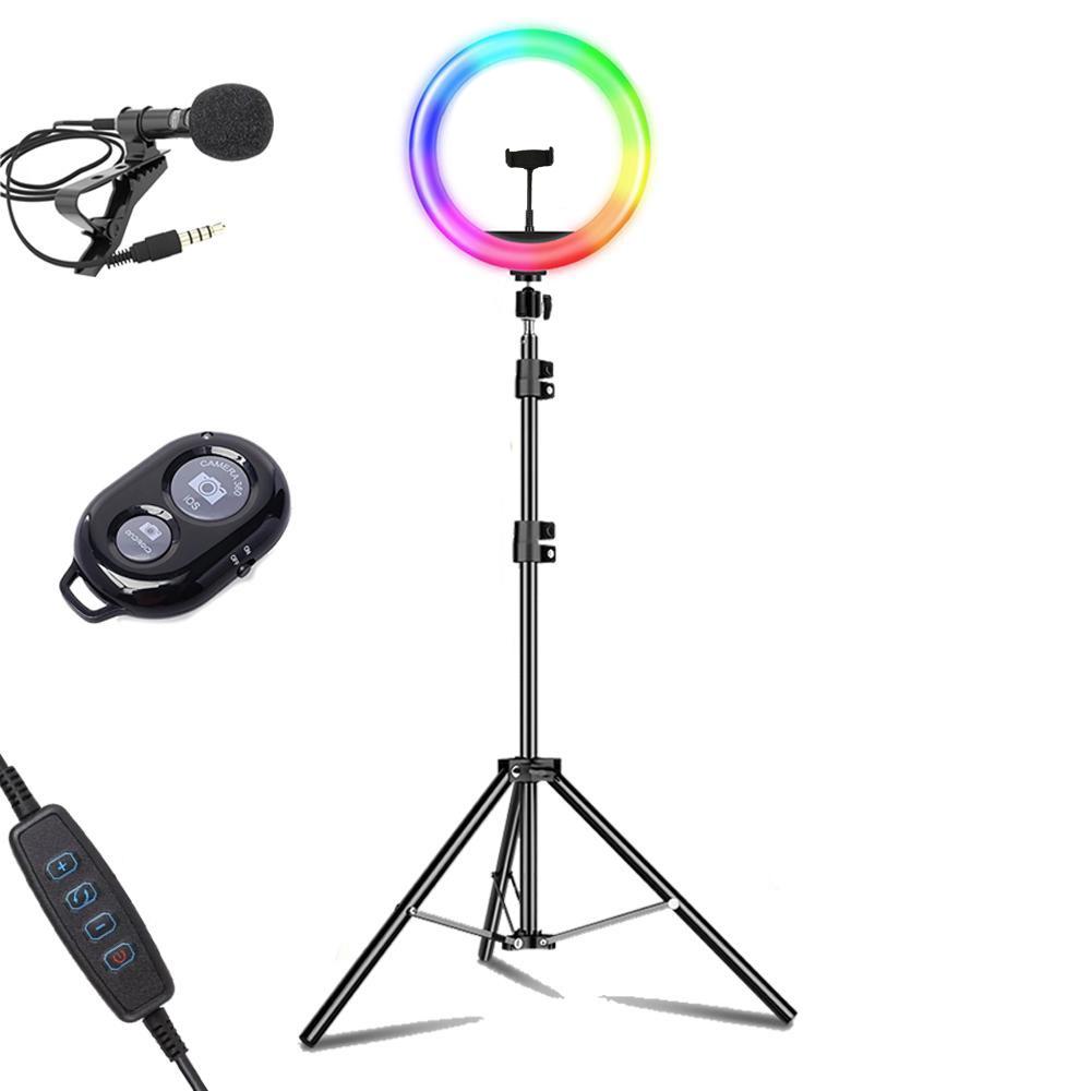 Кольцевая лампа 4в1 RGB 20 см со штативом 2 м микрофон петличка + пульт Bluetooth