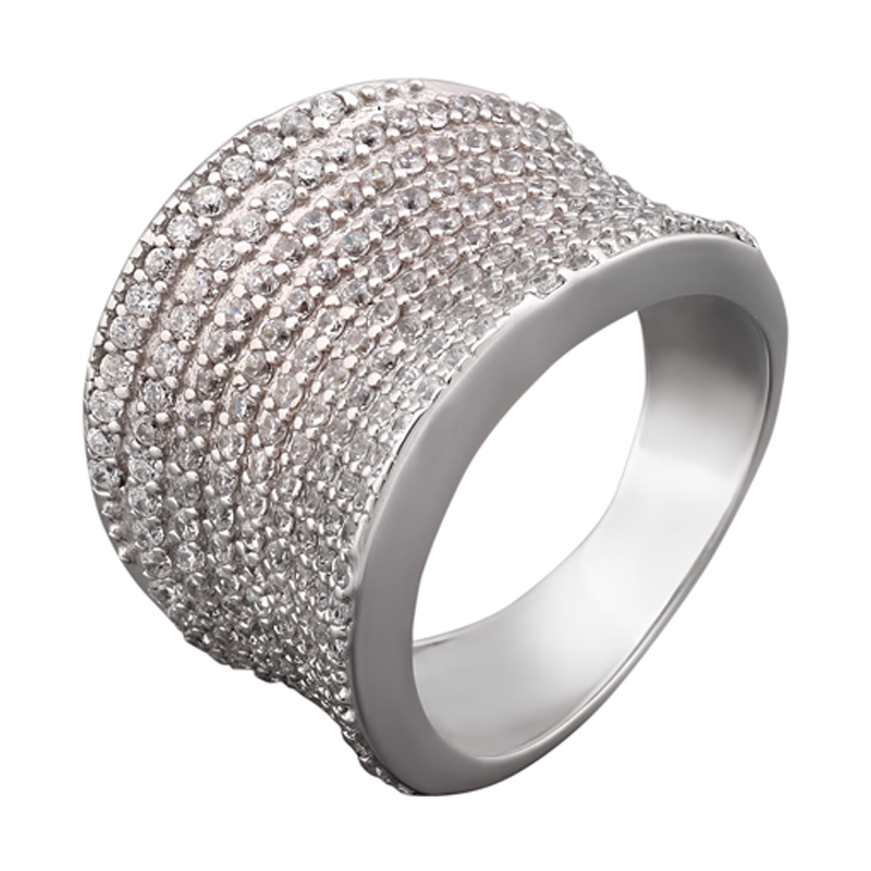 Кольцо серебряное широкое с мелкими фианитами р. 18