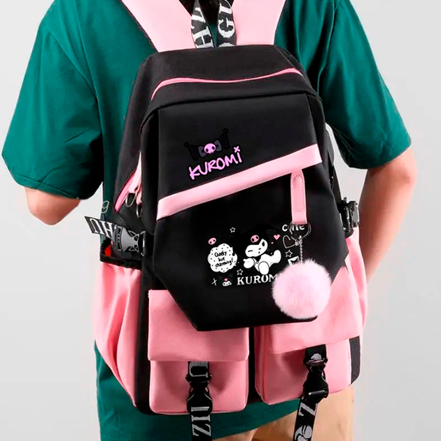 Школьный рюкзак для девочки KUROMI в японском стиле с помпоном и USB-кабелем PINK (2444710993) - фото 4