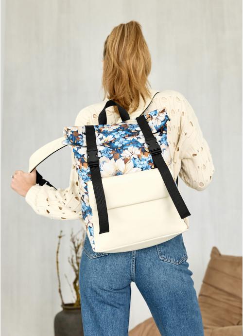 Городской рюкзак женский роллтоп Sambag Blue Flowers с отделением под ноутбук Белый (6220301641)