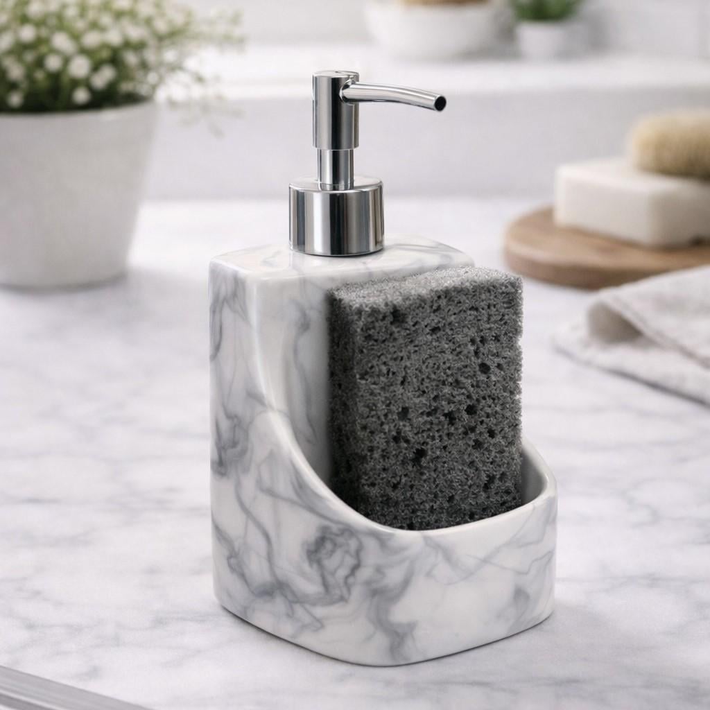 Дозатор для моющего средства керамический с подставкой для губки 400 мл Белый мрамор (31588911)