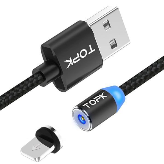 Магнітний кабель для заряджання Topk Led AM23 USB 2 м 2,4A Lightning Black (my013)