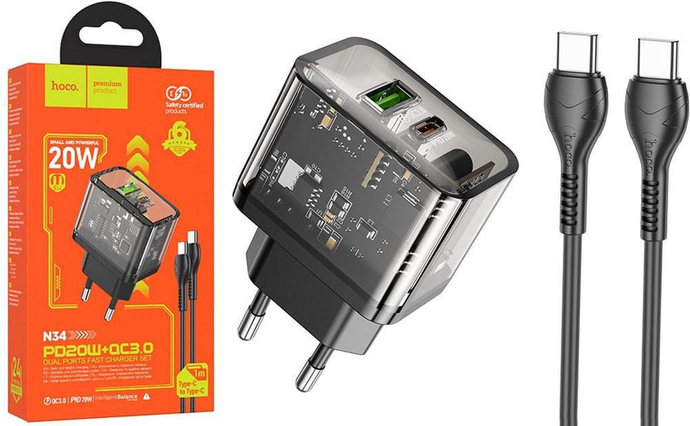 Зарядний пристрій Hoco N34 QC3.0 20W USB/Type-C кабель Type C Black (36812) Зарядний пристрій Hoco N34 QC3.0 20W USB/Type-C кабель Type C Black (36812)