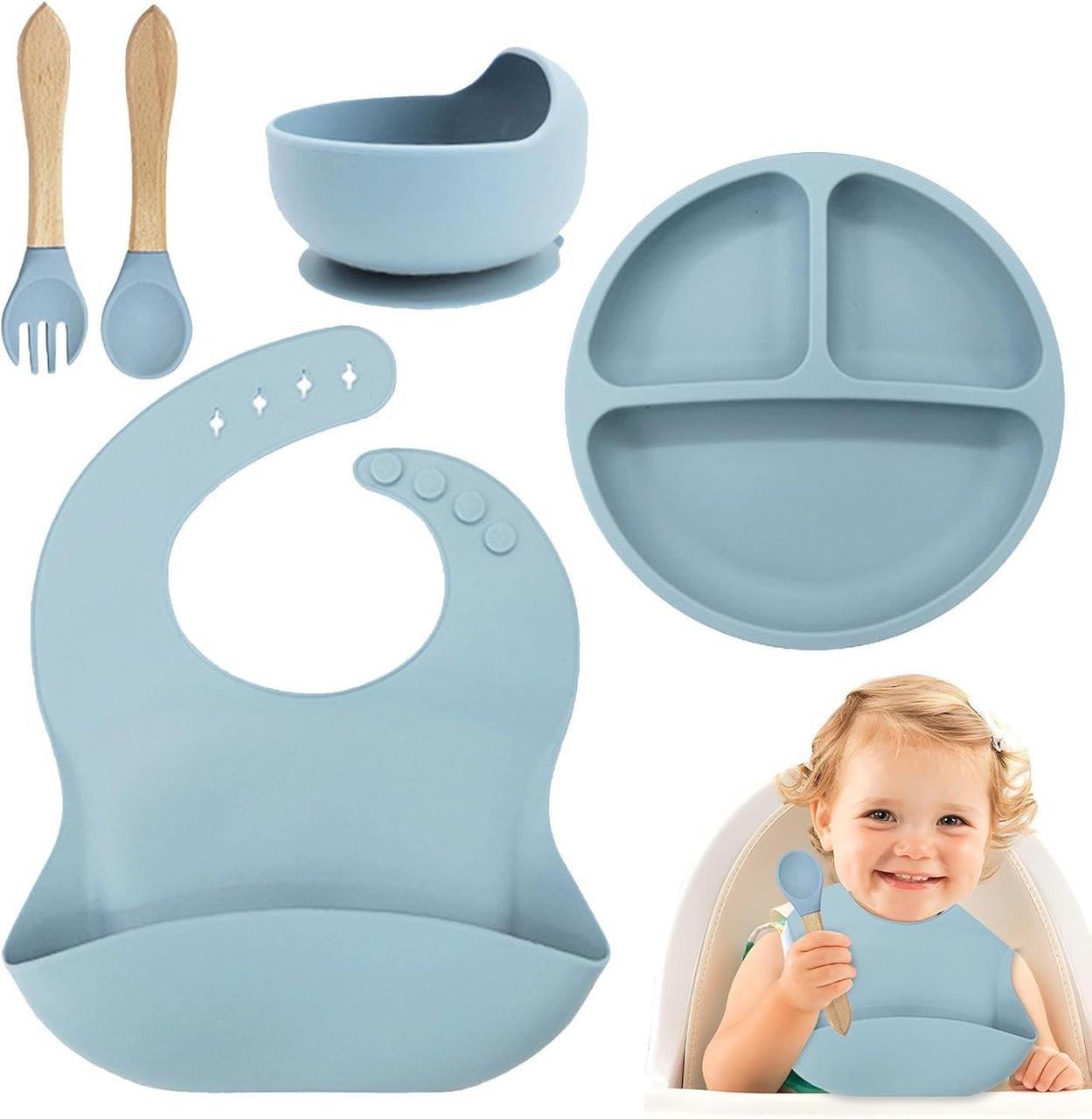 Дитячий набір посуду для годування 5в1 силіконовий Блакитний (Е051501) - фото 2 Дитячий набір посуду для годування 5в1 силіконовий Блакитний (Е051501) - фото 2