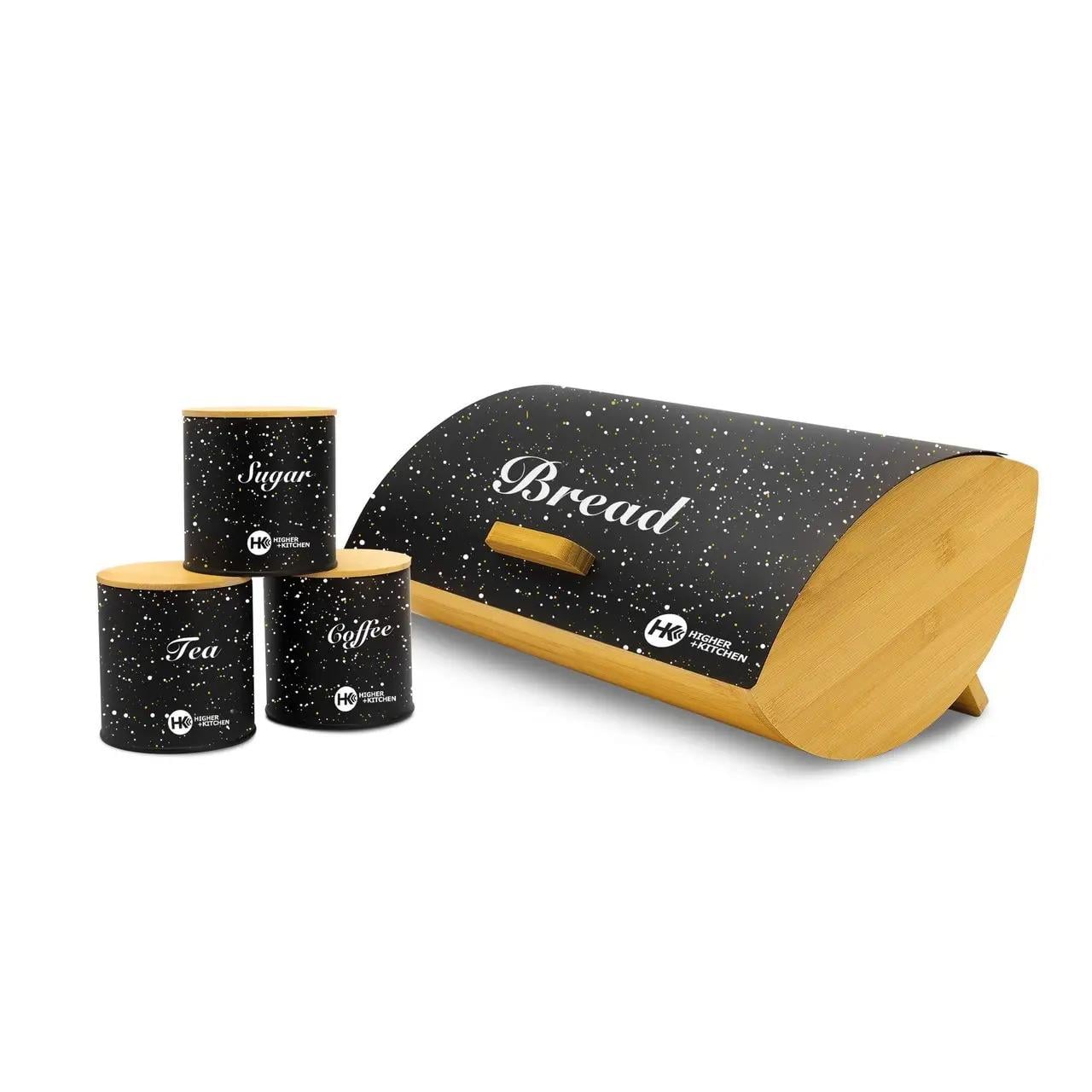 Хлебница из бамбука и металла Higher Zepline ZP-042 с баночками для сыпучих продуктов 3 шт. Черный (4525563)