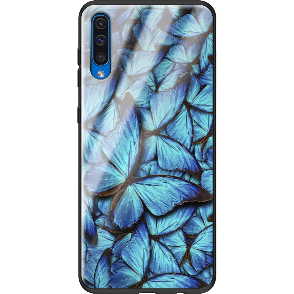 Чехол Boxface Samsung A505 Galaxy A50 лазурные бабочки Черный силикон со стеклом (36417-up1550-37739)