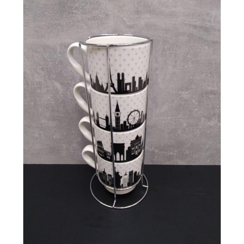 Набор чашек для чая и кофе S&T Towns фарфоровый в стойке 320 мл 4 шт. Белый (021-04-05)