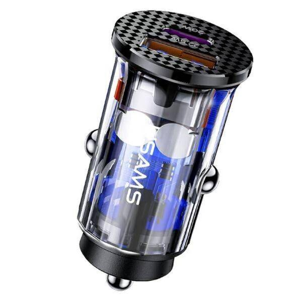 Автомобільний адаптер USAMS Mini Fast Car Charger C25 US-CC127 | 1USB/1Type-C, 4.5A, PD/QC, 22.5W/20W| transparent-black
