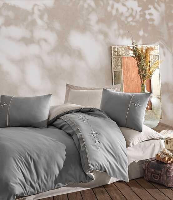 Комплект постельного белья Cotton area Shaheser Lotus Mina с вышивкой евро сатин 598 Grey (DR012704)