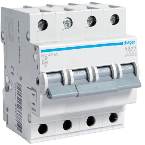 Автоматический выключатель Hager MC410A 4P 6kA C 10A 4M (000012795)