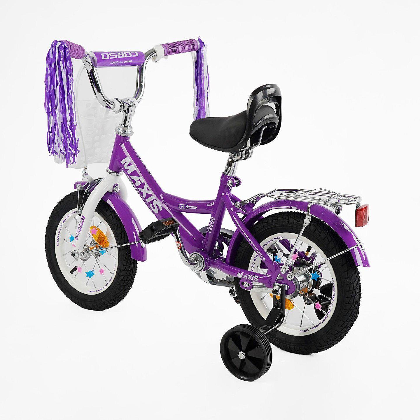 Велосипед двухколесный Corso MAXIS 12" для девочки с корзиной и багажником Фиолетовый - фото 3