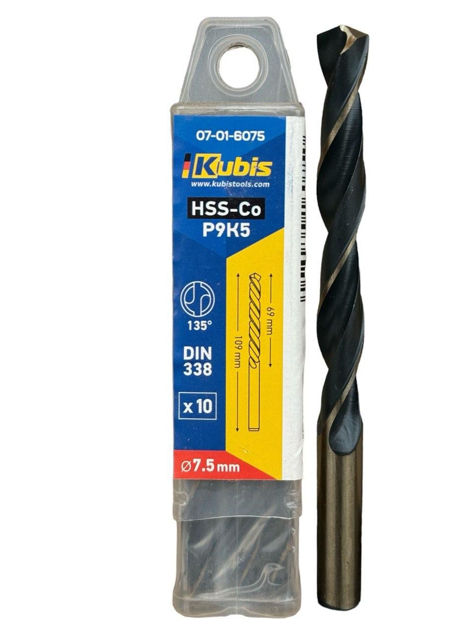 Сверло кобальт Kubis Р9К5 7,5мм (07-01-6075)