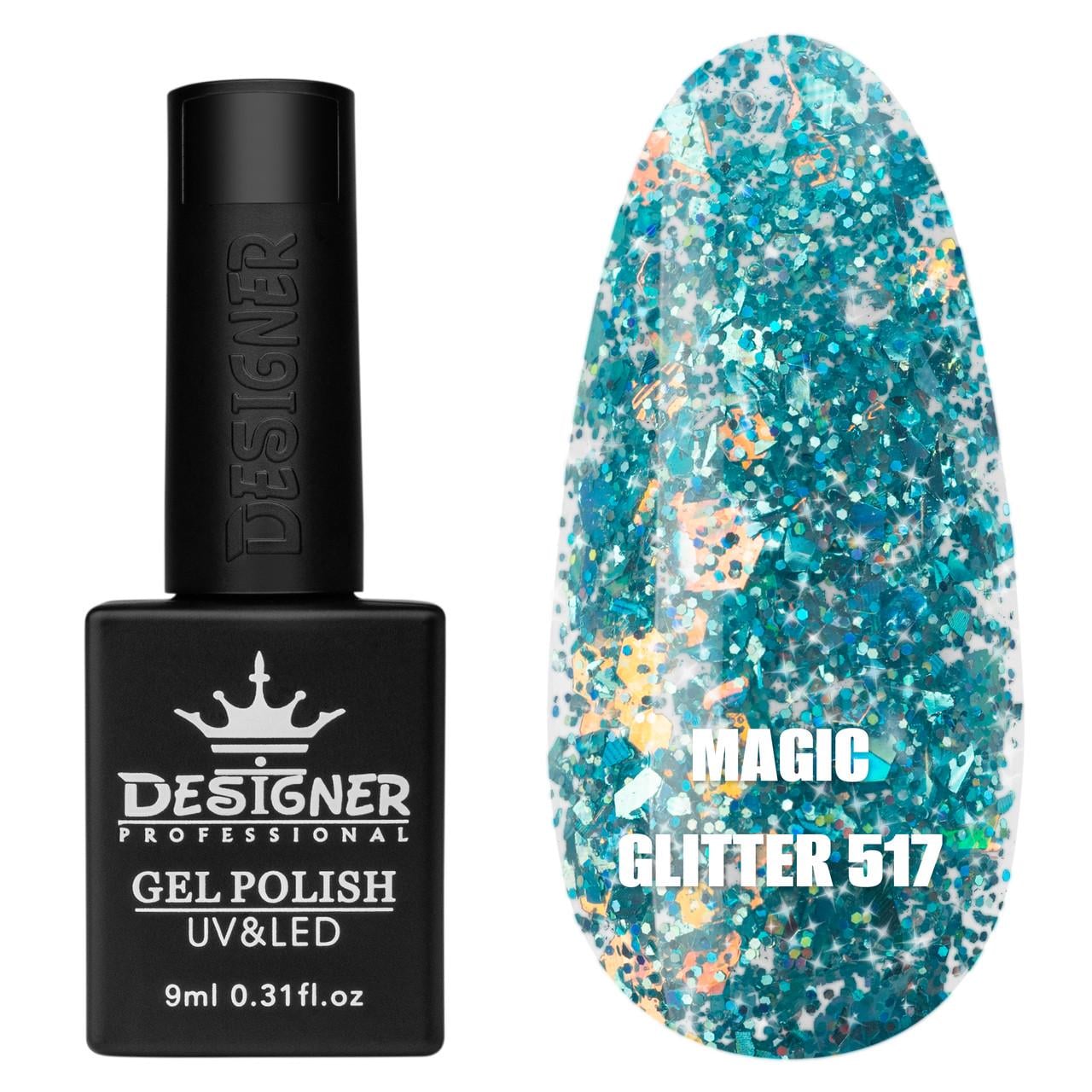 Гель-лак для маникюра Magic glitter Дизайнер с хлопьями хамелеон 9 мл Бирюзовый №517