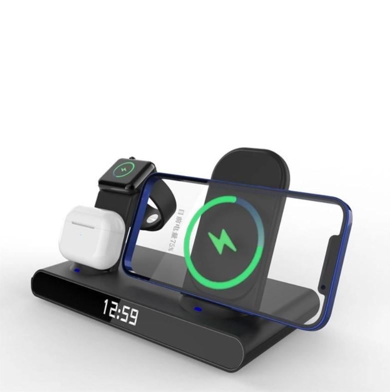 Док станція зарядна Wireless Charger iPhone/Apple Watch/AirPods 14в1 5W з будильником Чорний - фото 1