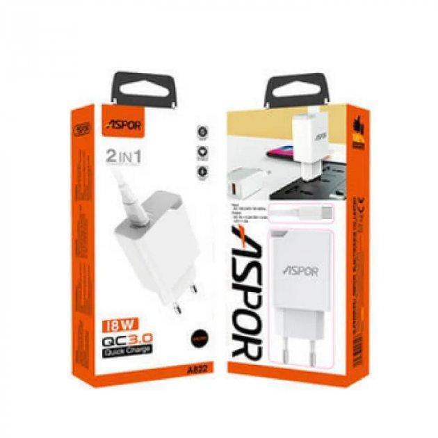 Зарядний пристрій мережевий Aspor A822 Fast Charger 18W QC3.0 1USB 3A з USB-кабелем Type-C Білий (1858272814) - фото 2 Зарядний пристрій мережевий Aspor A822 Fast Charger 18W QC3.0 1USB 3A з USB-кабелем Type-C Білий (1858272814) - фото 2