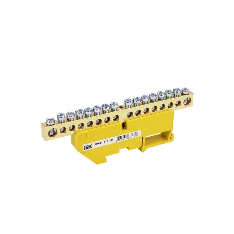 Шина заземления УЭК ШНЫ-8х12-16-Д-Ж 16 отверстий 8x12 мм медь с изолятором на DIN-рейку (YNN10-812-16D-K05)