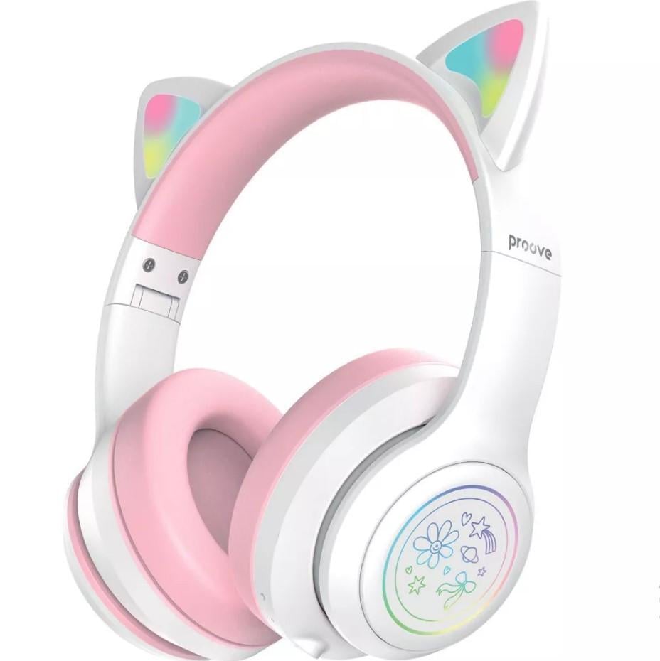 Наушники беспроводные Proove детские с ушками и подсветкой Kids Neko White/Pink