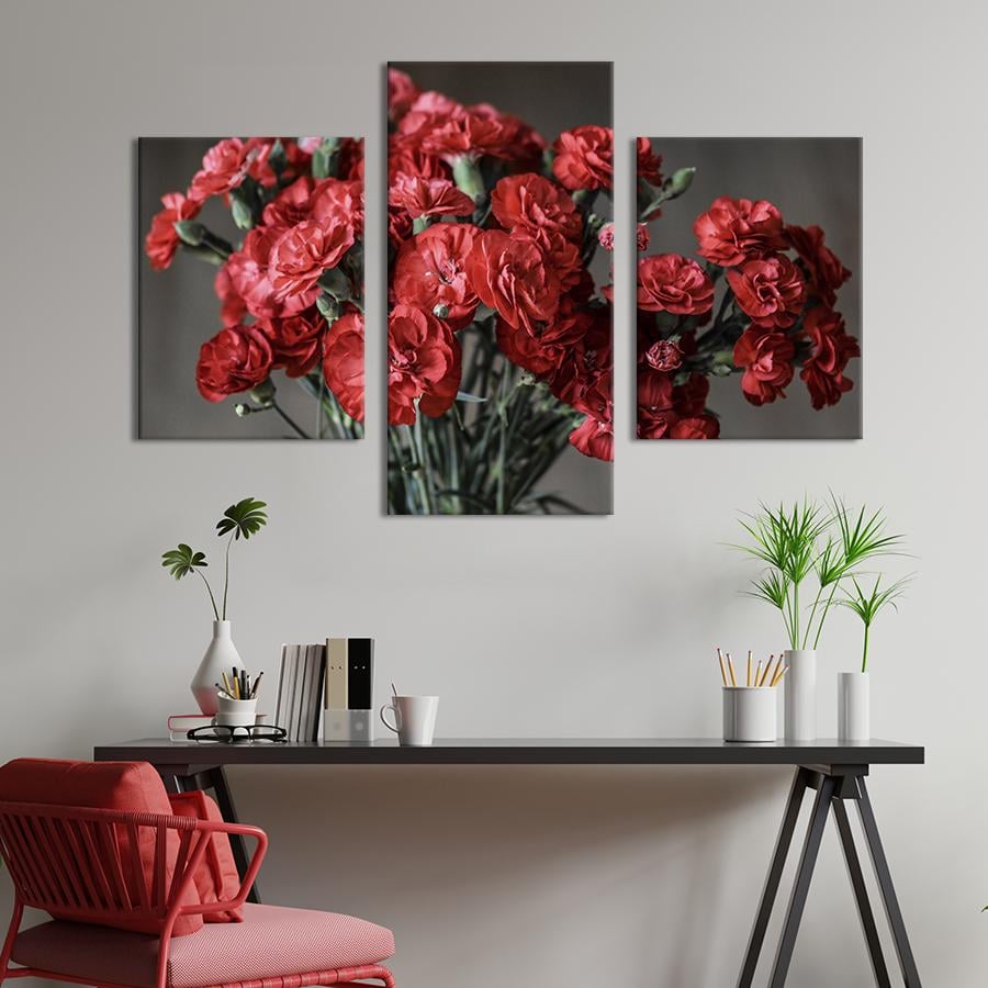 Картина на холсте триптих Пышный букет гвоздик 96x60 см (793-32)