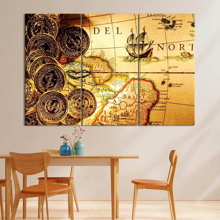 Картина карта Старая карта с золотыми монетами 78x48 см (A1331-3)