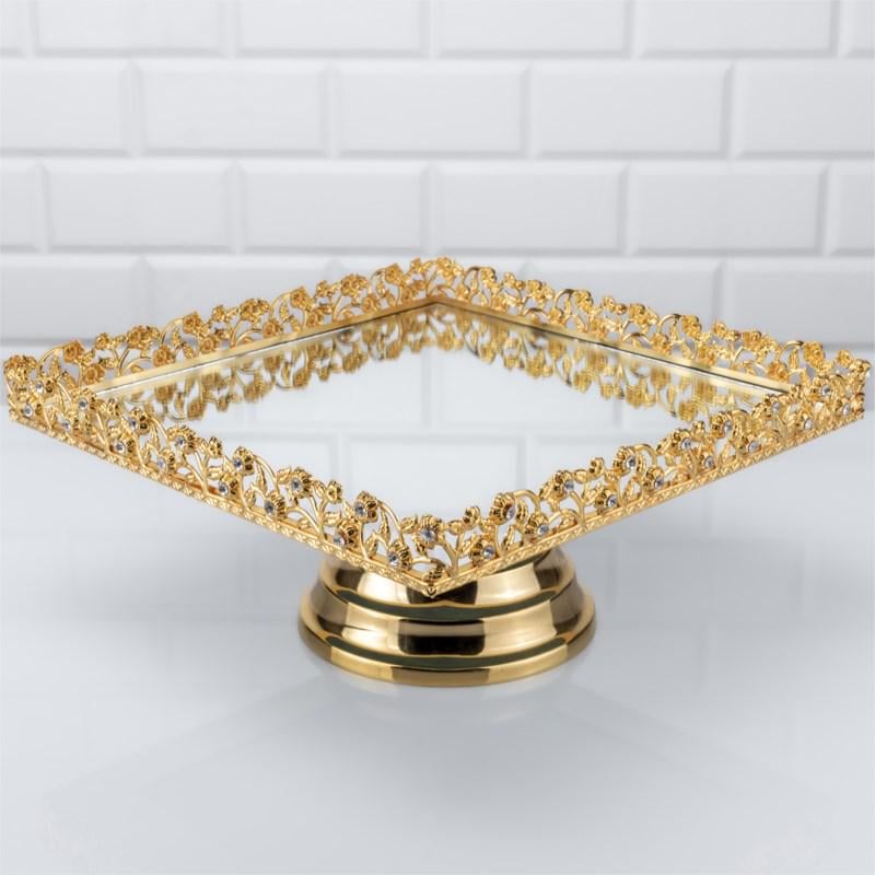 Блюдо-тортовница на ножке металлическая с камнями с зеркальной основой 24х24x11 см Золотистый (S68A)