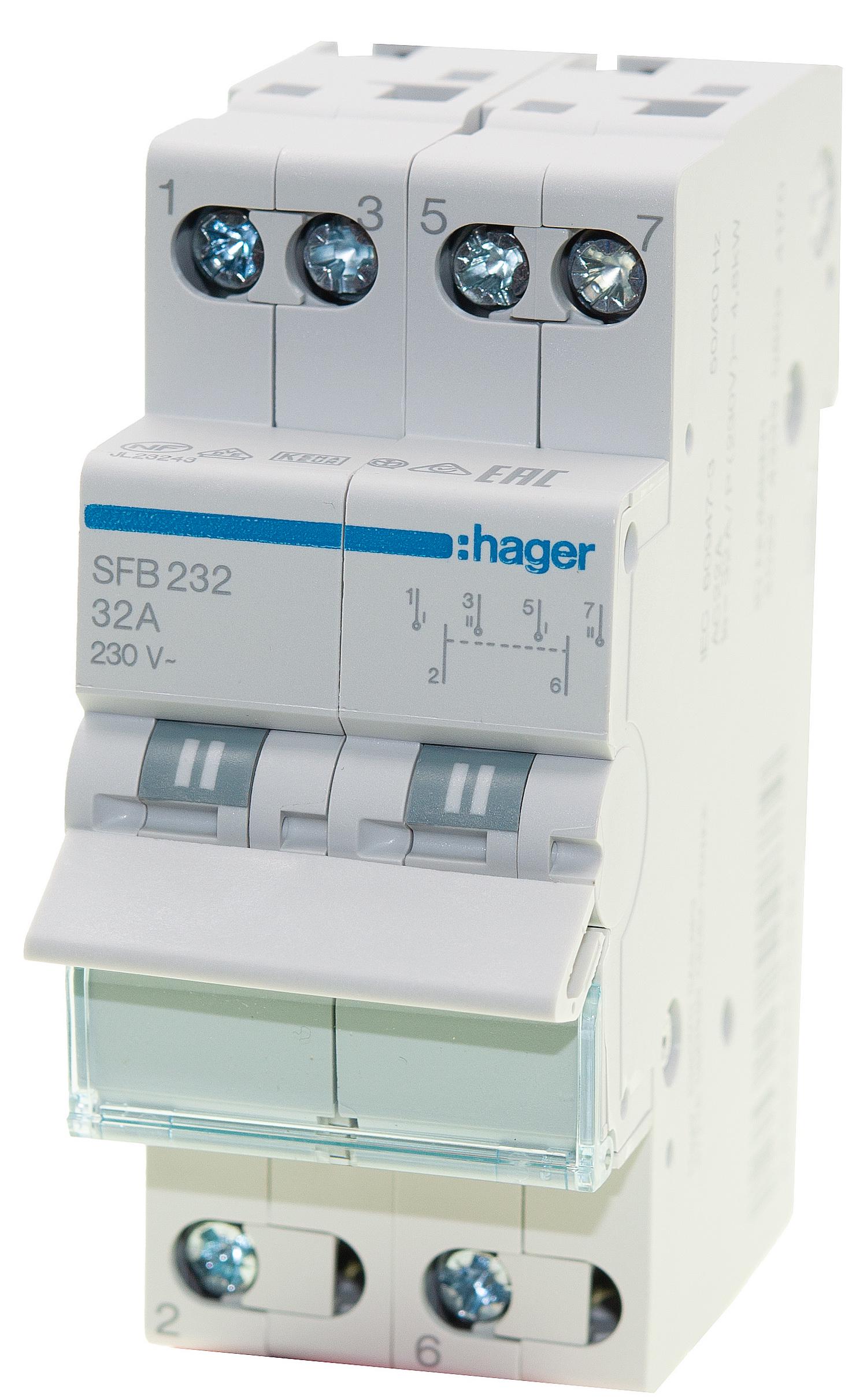 Переключатель ввода резерва Hager SFB232 перекидной I-0-II с общим выходом снизу 2-полюсный 32А (18804426)